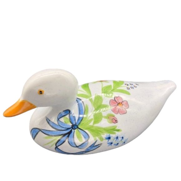 Vtg NS GUSTIN CO Handpainted Pottery Duck w Pink Cosmos and Blue Forget-Me-Nots - Picture 1 of 11